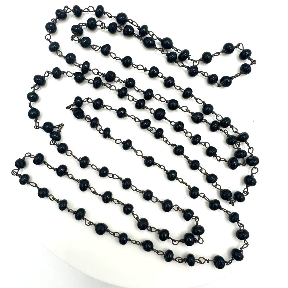 Antique Art Deco 1920s 1930s black Czech glass beads beaded brass 35” necklace